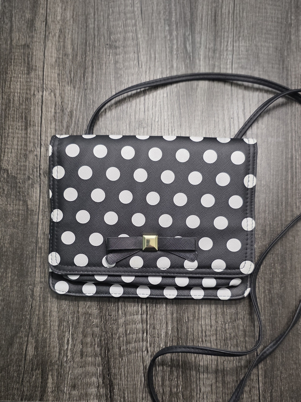 Black and White Polka Dot Crossbody Bag with Bow Accent